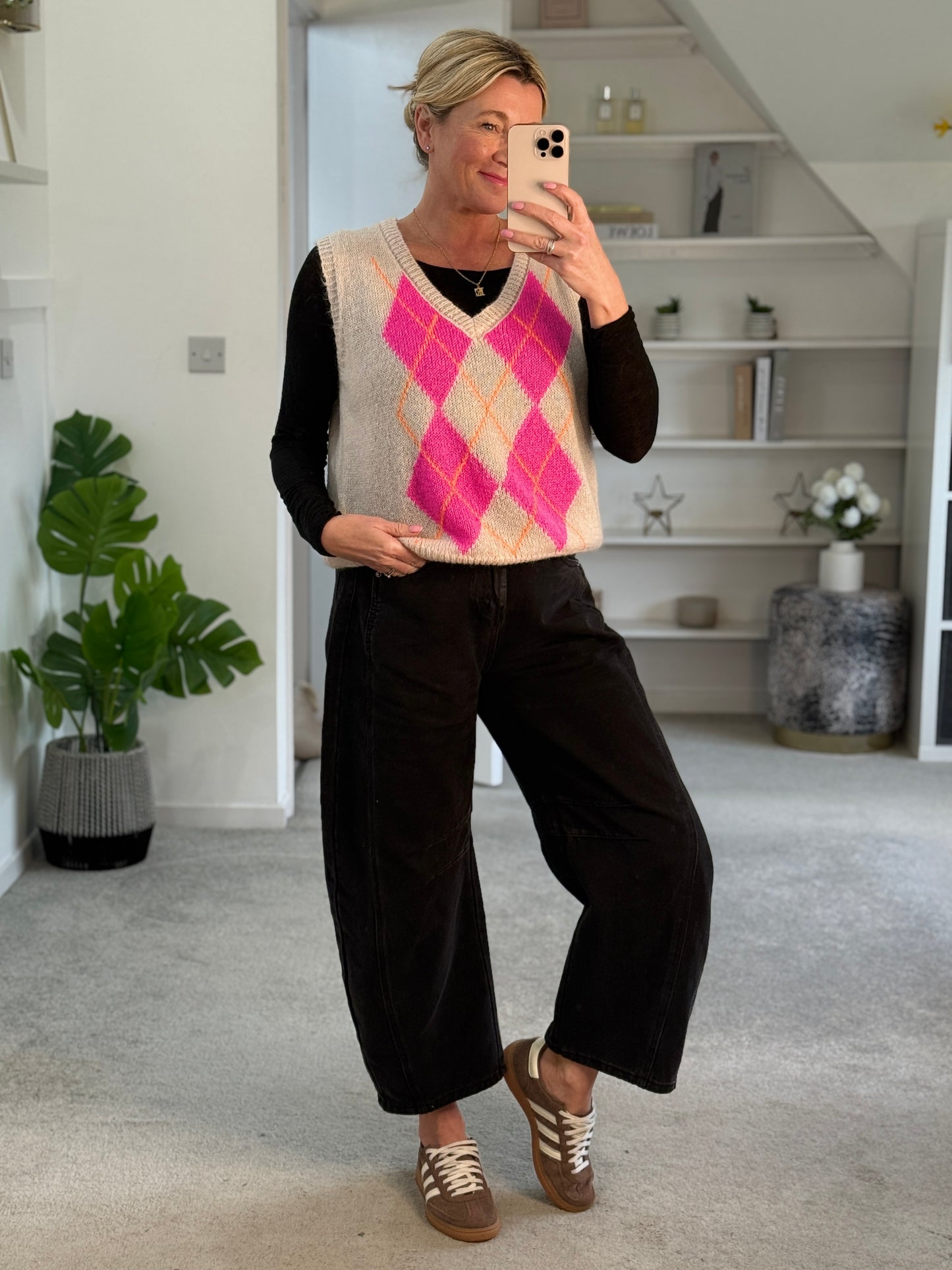 Beige/Pink Argyle V Neck Tank Top