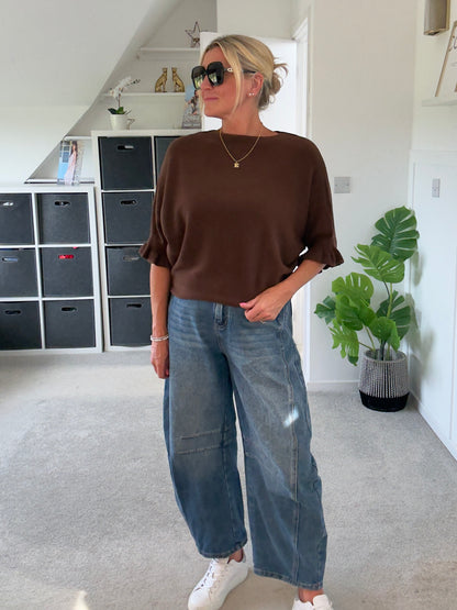 Chocolate Frill Sleeve Batwing Jumper