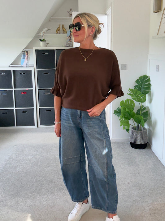 Chocolate Frill Sleeve Batwing Jumper