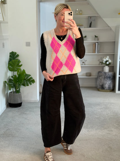 Beige/Pink Argyle V Neck Tank Top