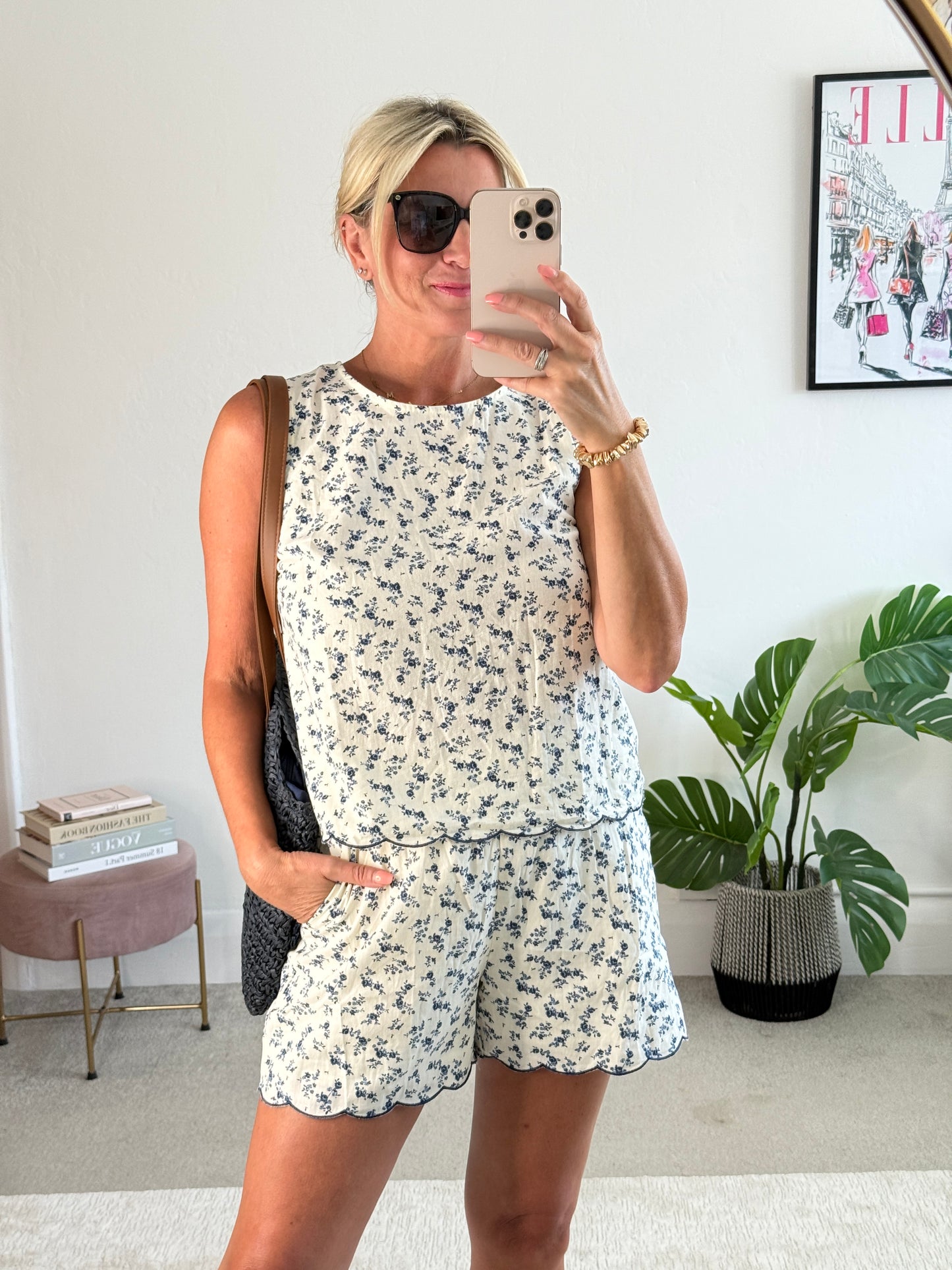 Navy Floral Scallop Edge Top