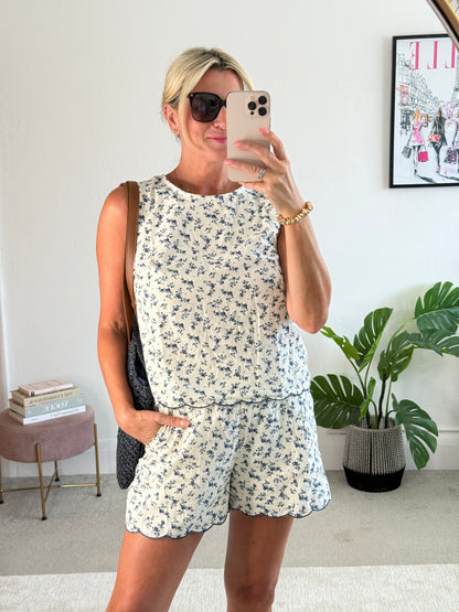 Navy Floral Scallop Edge Top