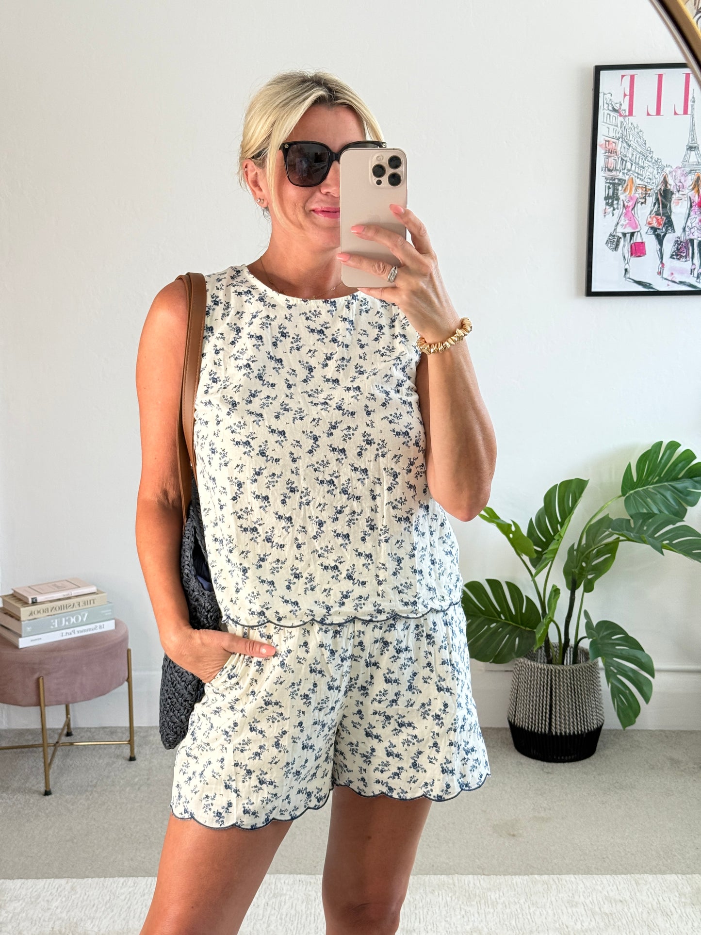 Navy Floral Scalloped Edge Shorts