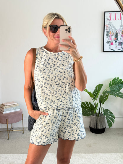 Navy Floral Scalloped Edge Shorts