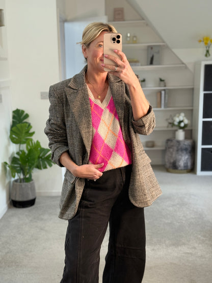 Beige/Pink Argyle V Neck Tank Top