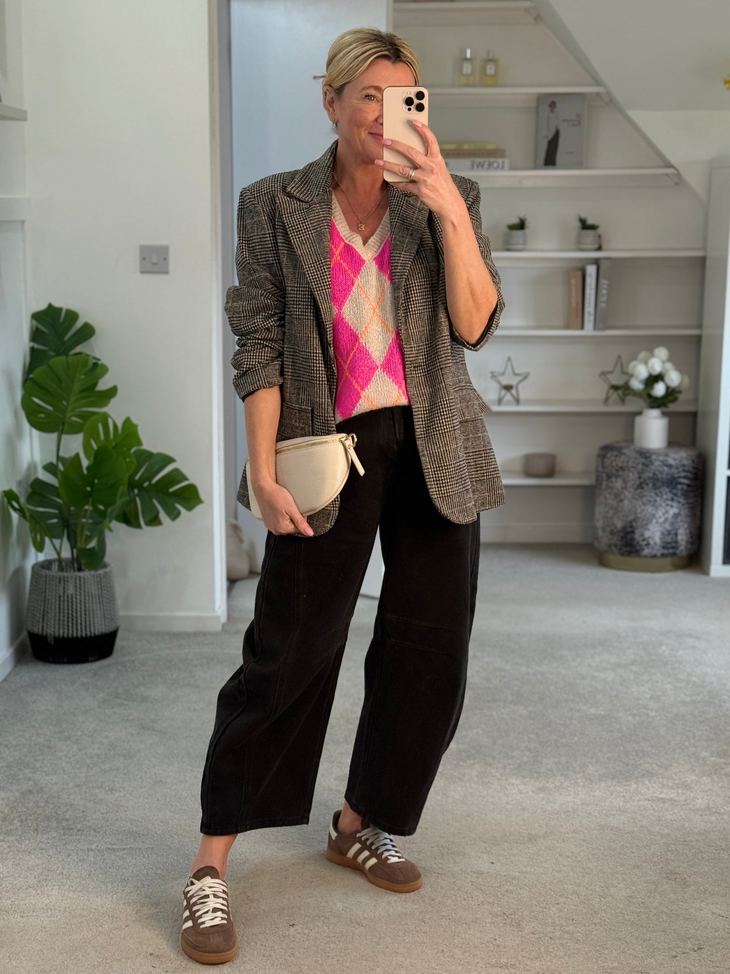 Beige/Pink Argyle V Neck Tank Top