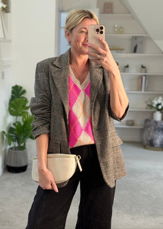 Beige/Pink Argyle V Neck Tank Top