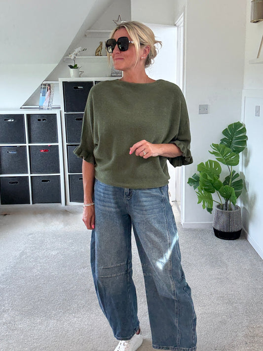 Khaki Frill Sleeve Batwing Jumper