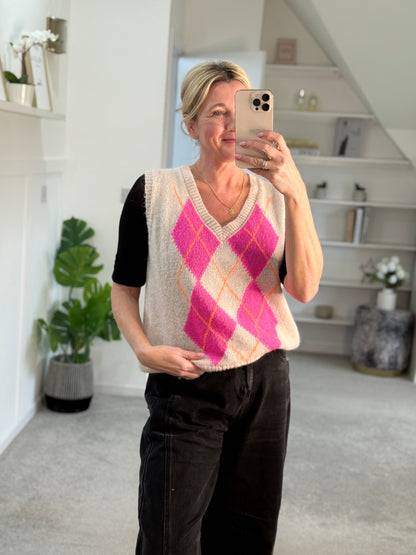Beige/Pink Argyle V Neck Tank Top