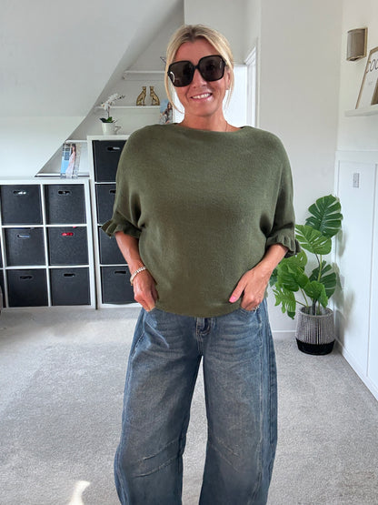 Khaki Frill Sleeve Batwing Jumper