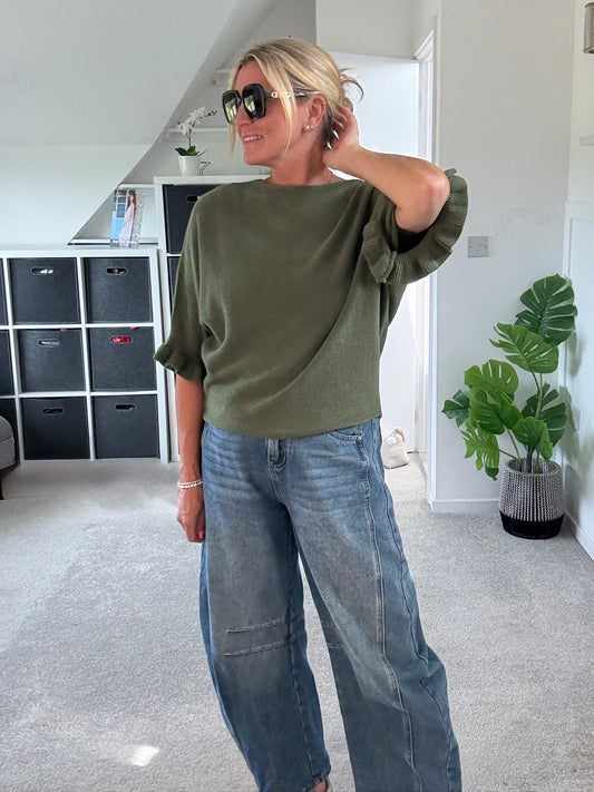 Khaki Frill Sleeve Batwing Jumper