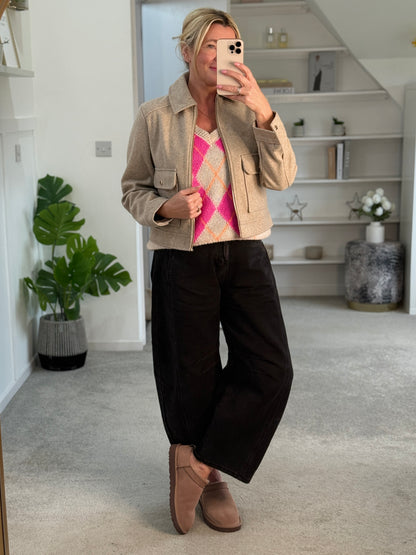 Beige/Pink Argyle V Neck Tank Top