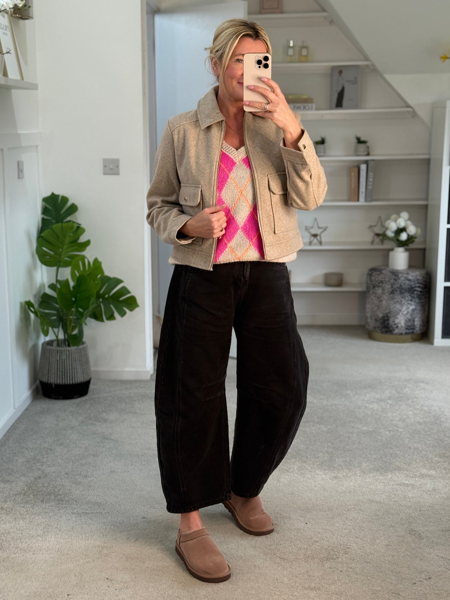 Beige/Pink Argyle V Neck Tank Top