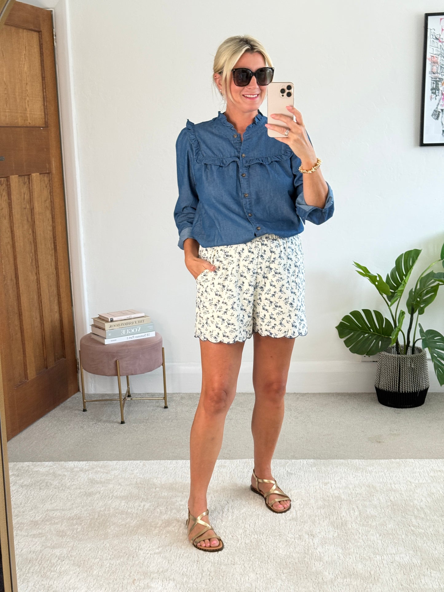 Navy Floral Scalloped Edge Shorts