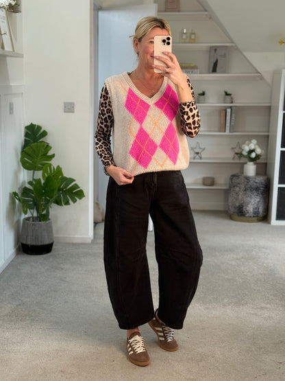 Beige/Pink Argyle V Neck Tank Top