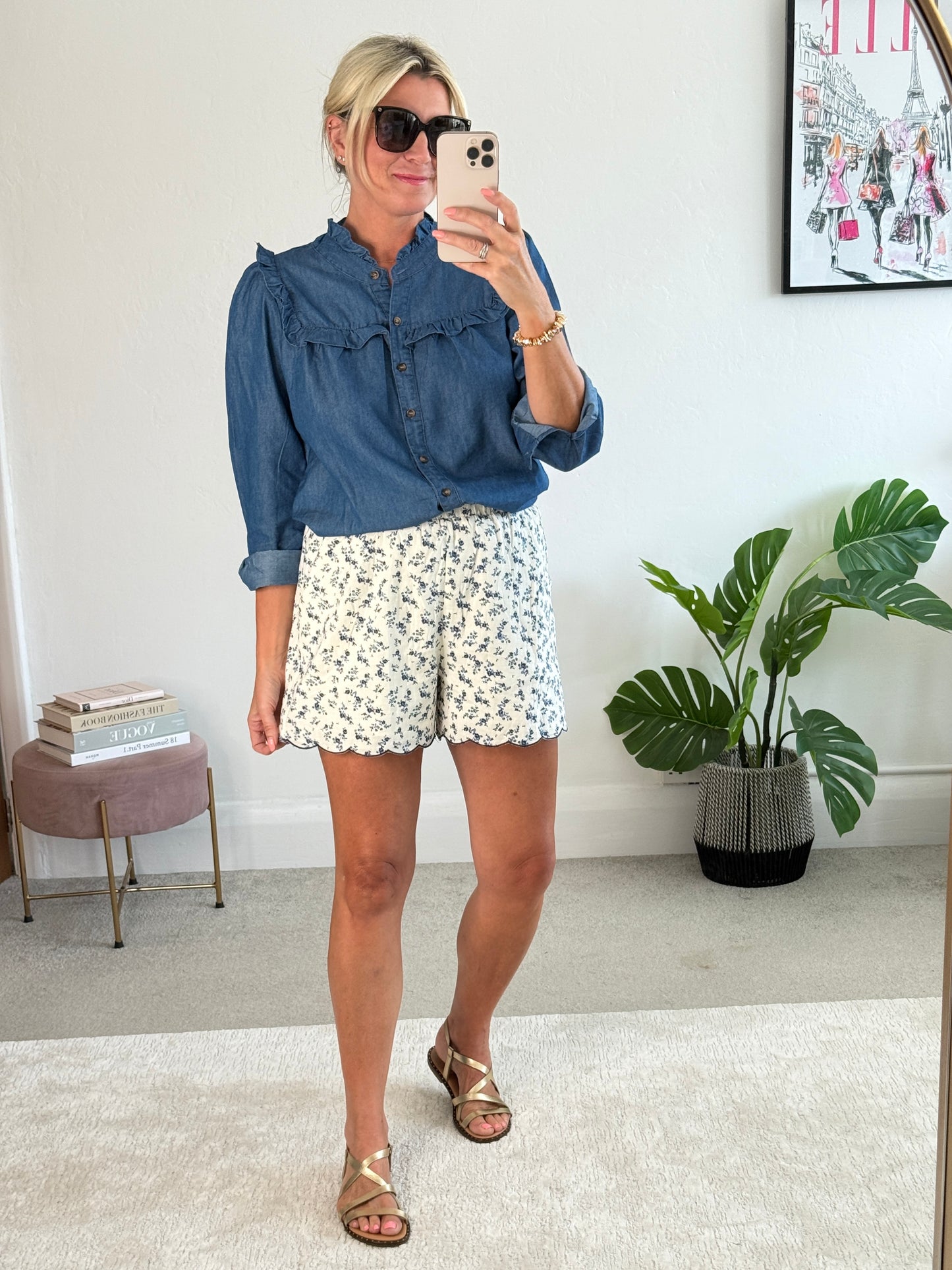 Navy Floral Scalloped Edge Shorts
