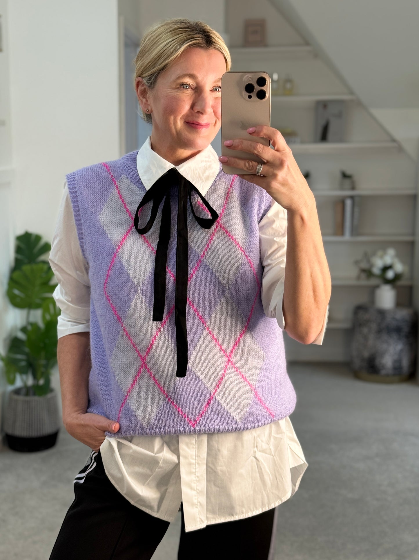 Lilac/Pink Argyle Round Neck Tank Top