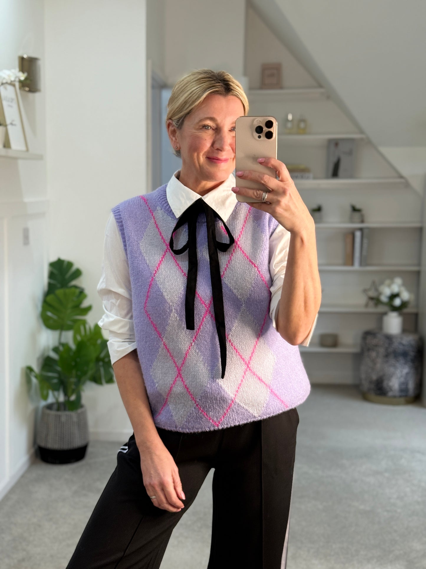 Lilac/Pink Argyle Round Neck Tank Top