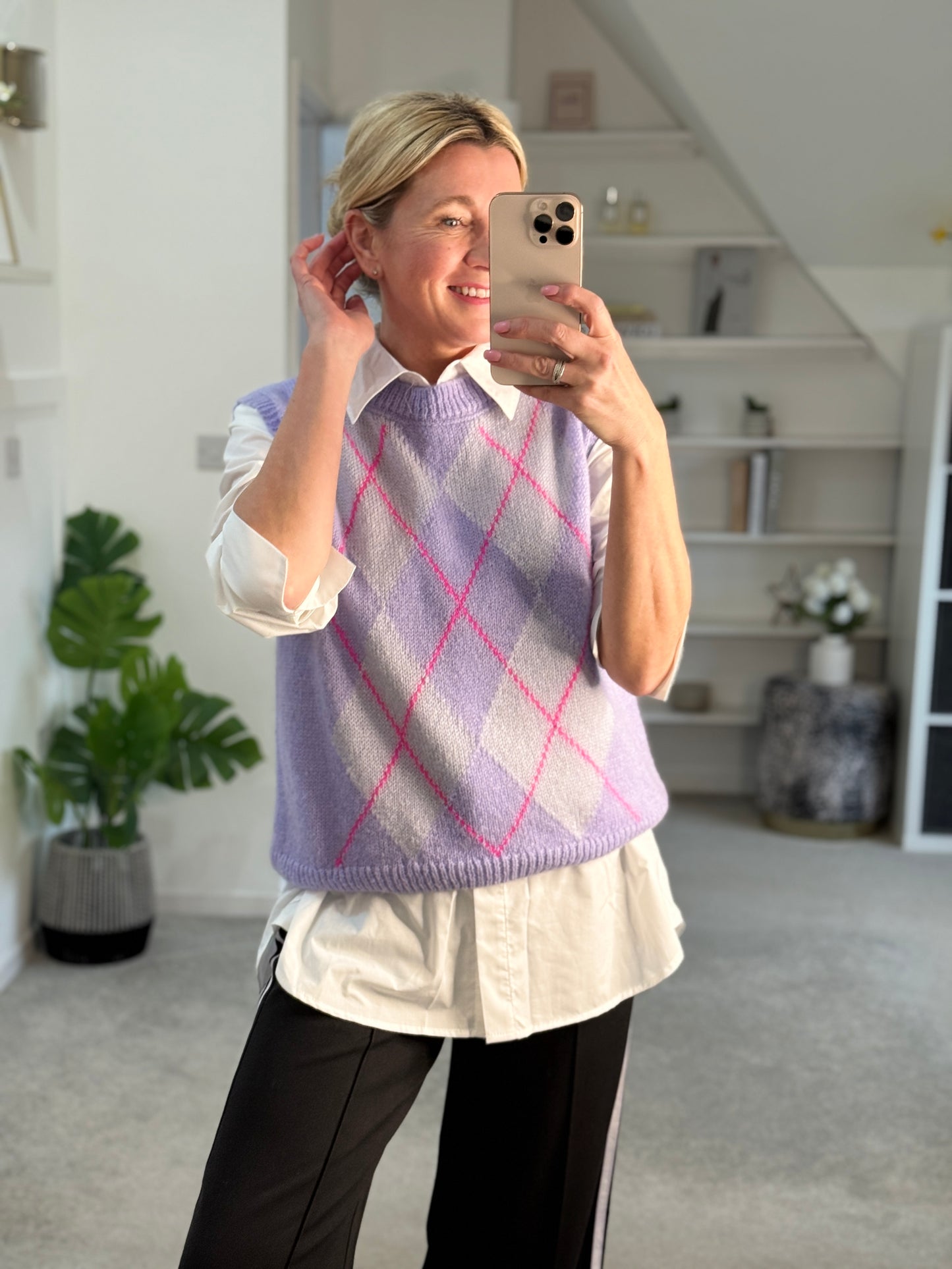 Lilac/Pink Argyle Round Neck Tank Top