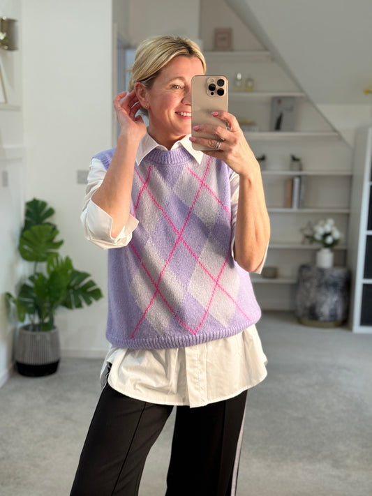 Lilac/Pink Argyle Round Neck Tank Top