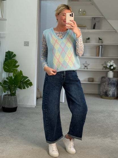 Blue/Pink Argyle V Neck Tank Top