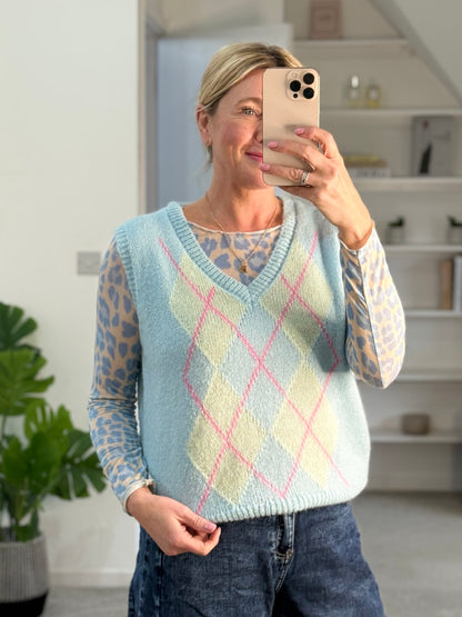 Blue/Pink Argyle V Neck Tank Top