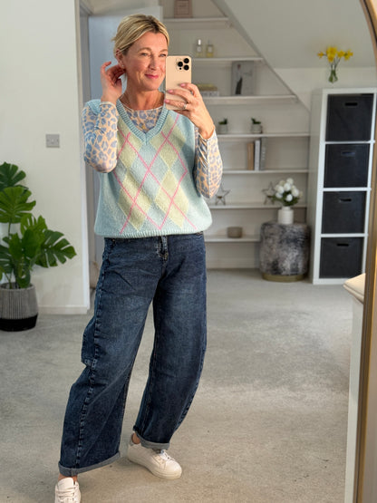 Blue/Pink Argyle V Neck Tank Top