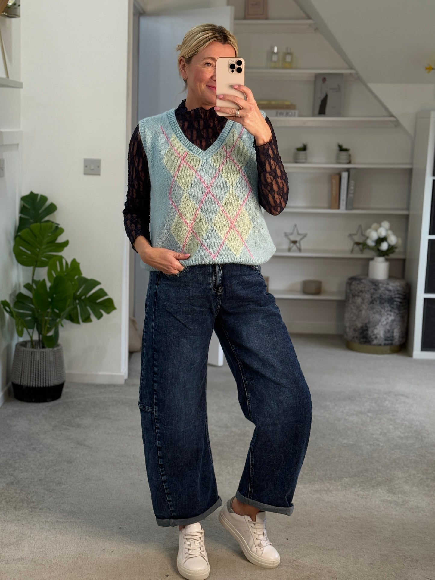 Blue/Pink Argyle V Neck Tank Top