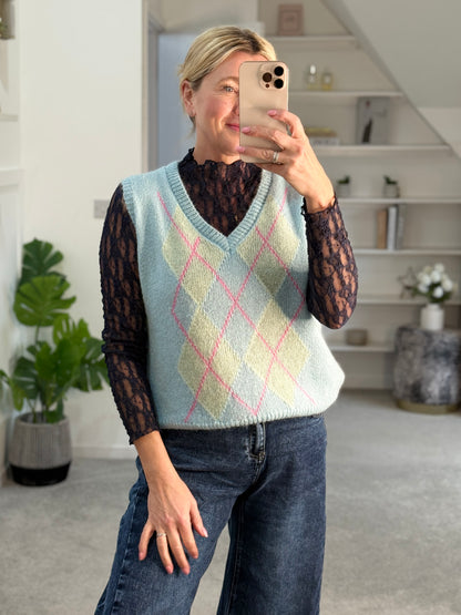 Blue/Pink Argyle V Neck Tank Top