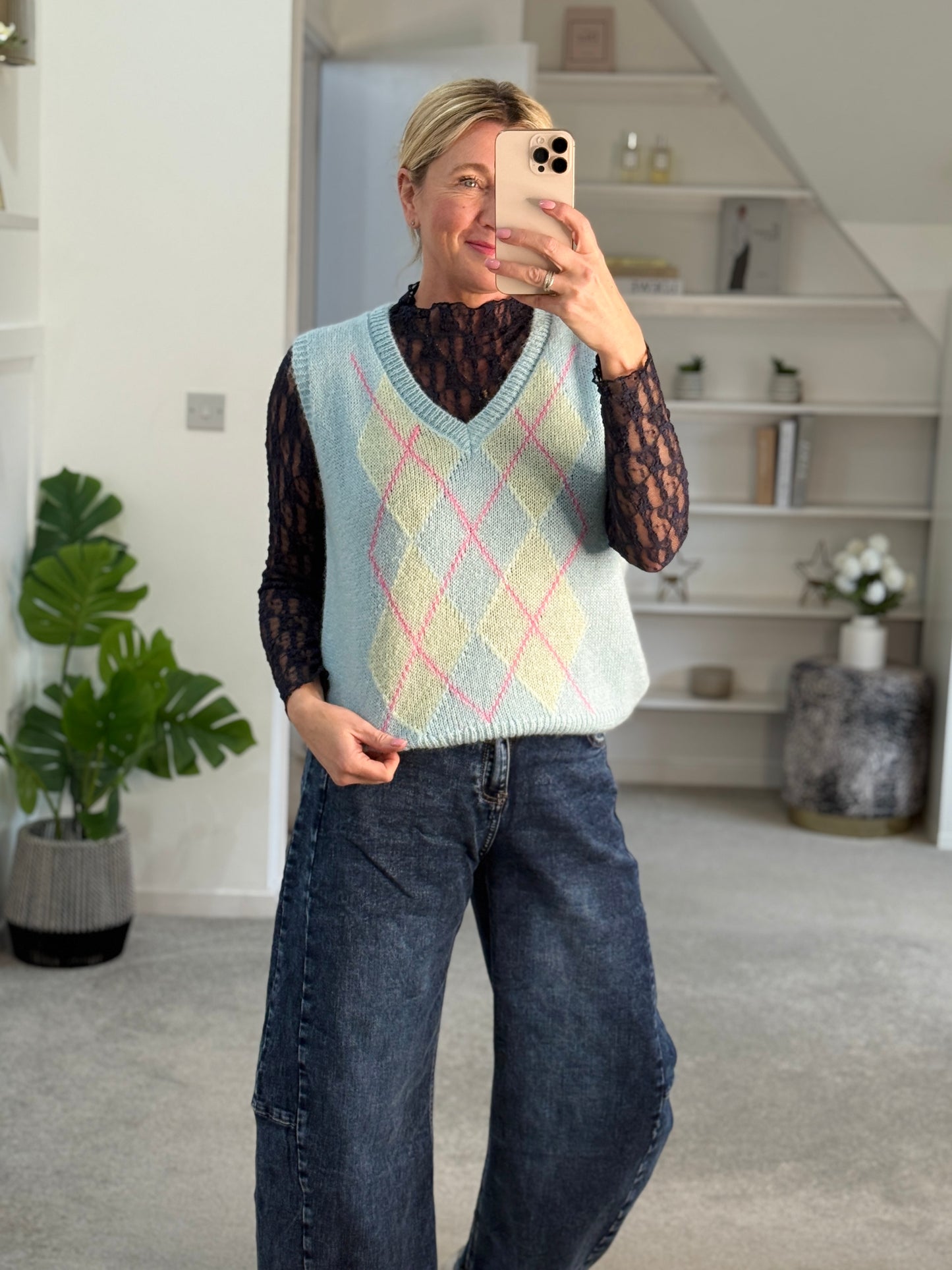 Blue/Pink Argyle V Neck Tank Top