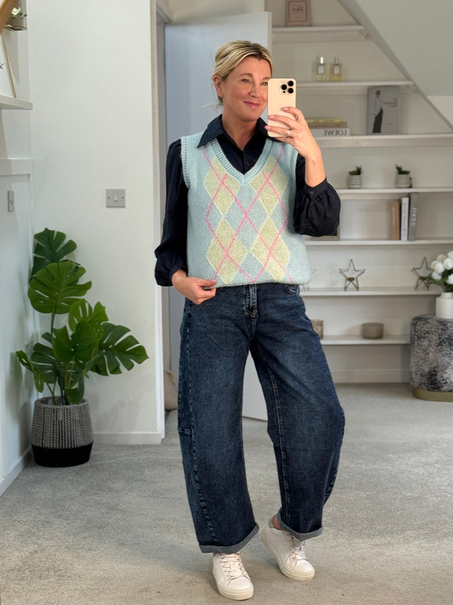 Blue/Pink Argyle V Neck Tank Top