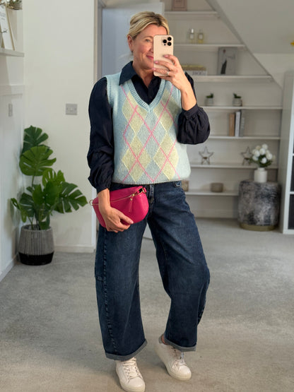 Blue/Pink Argyle V Neck Tank Top