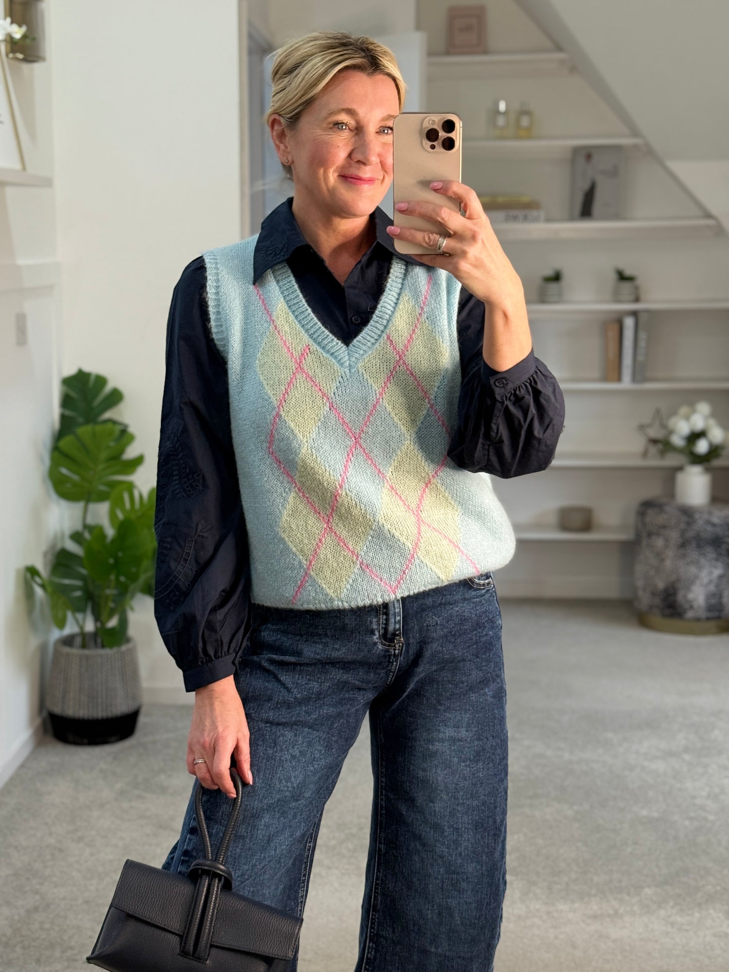 Blue/Pink Argyle V Neck Tank Top