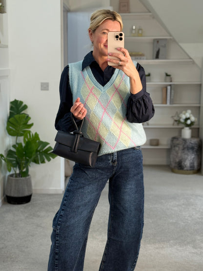 Blue/Pink Argyle V Neck Tank Top