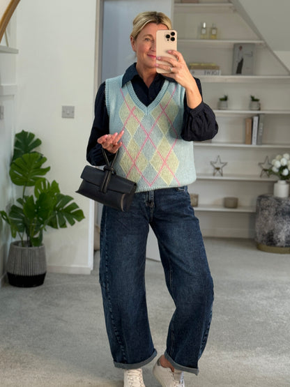 Blue/Pink Argyle V Neck Tank Top