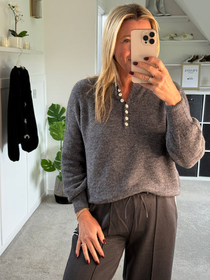 Grey Alpaca Mix Button Jumper