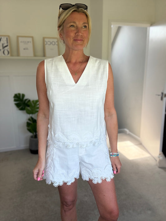 White Cotton Crochet Detail Co Ord