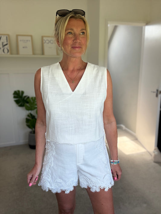 White Cotton Crochet Detail Co Ord