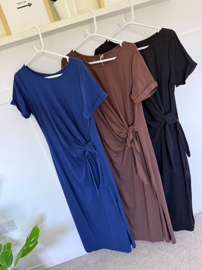 Black Side Tie S/S Jersey Dress