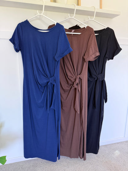 Black Side Tie S/S Jersey Dress