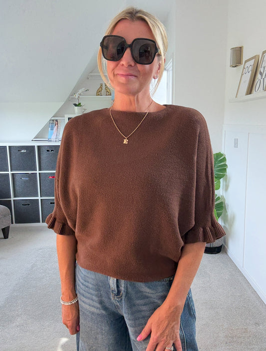 Chocolate Frill Sleeve Batwing Jumper