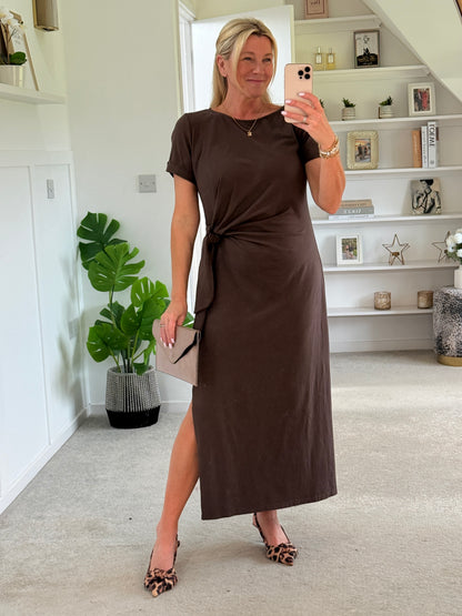 Chocolate Side Tie S/S Jersey Dress