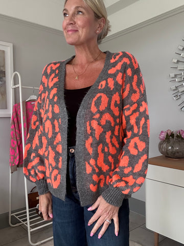 Neon Orange/Charcoal Leopard Cardigan