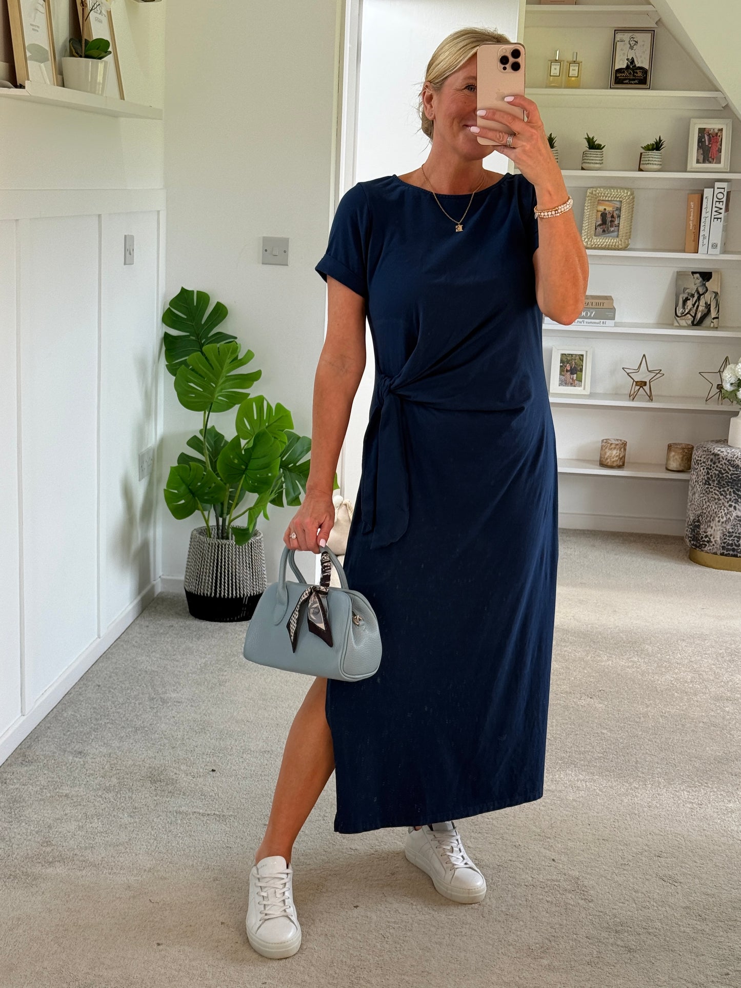 Navy Side Tie S/S Jersey Dress