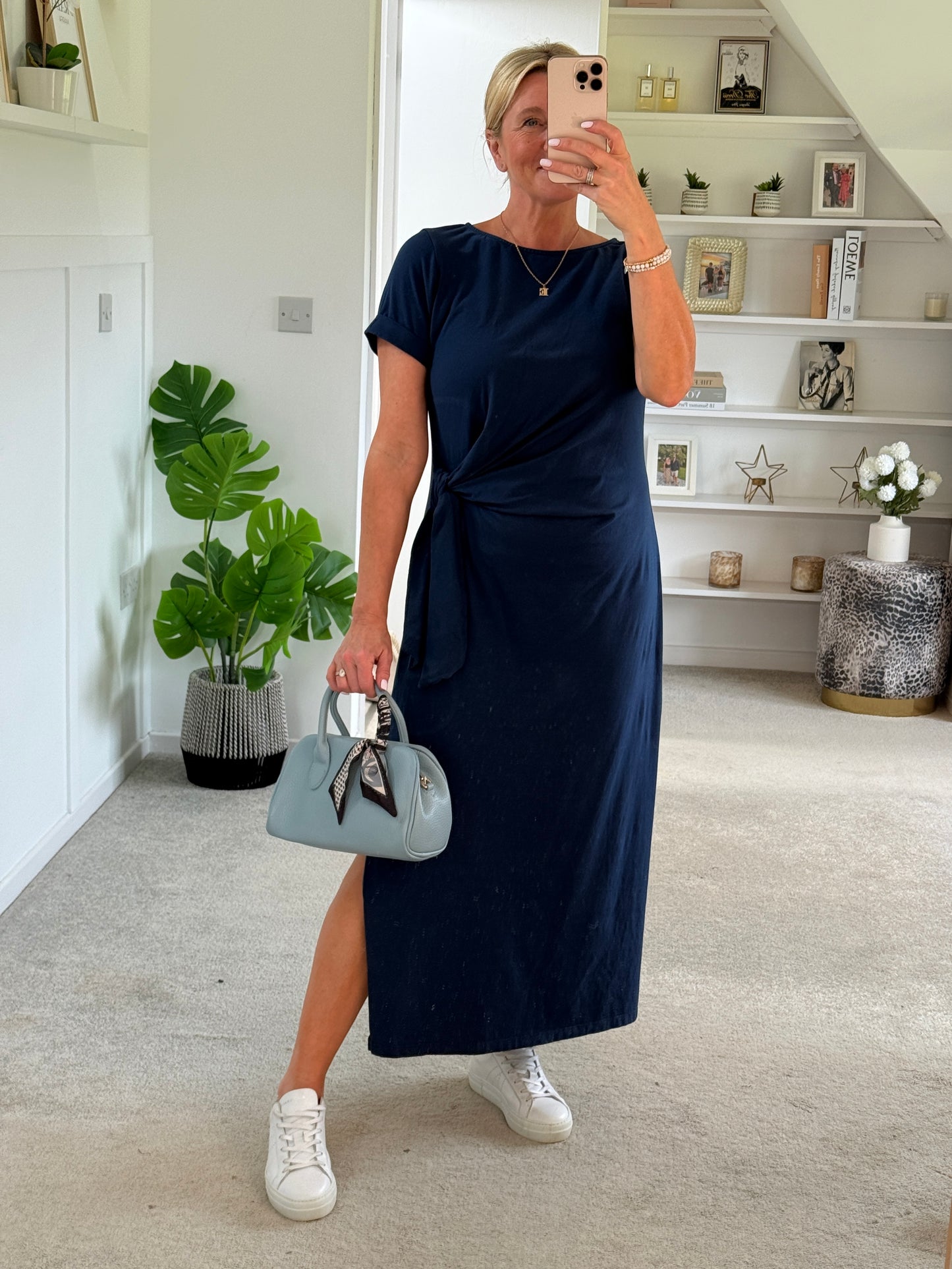 Navy Side Tie S/S Jersey Dress