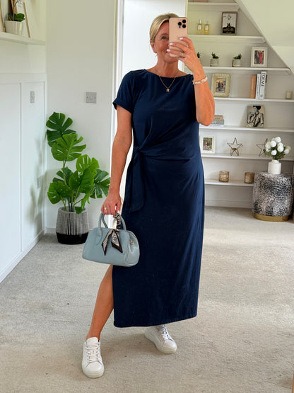 Navy Side Tie S/S Jersey Dress
