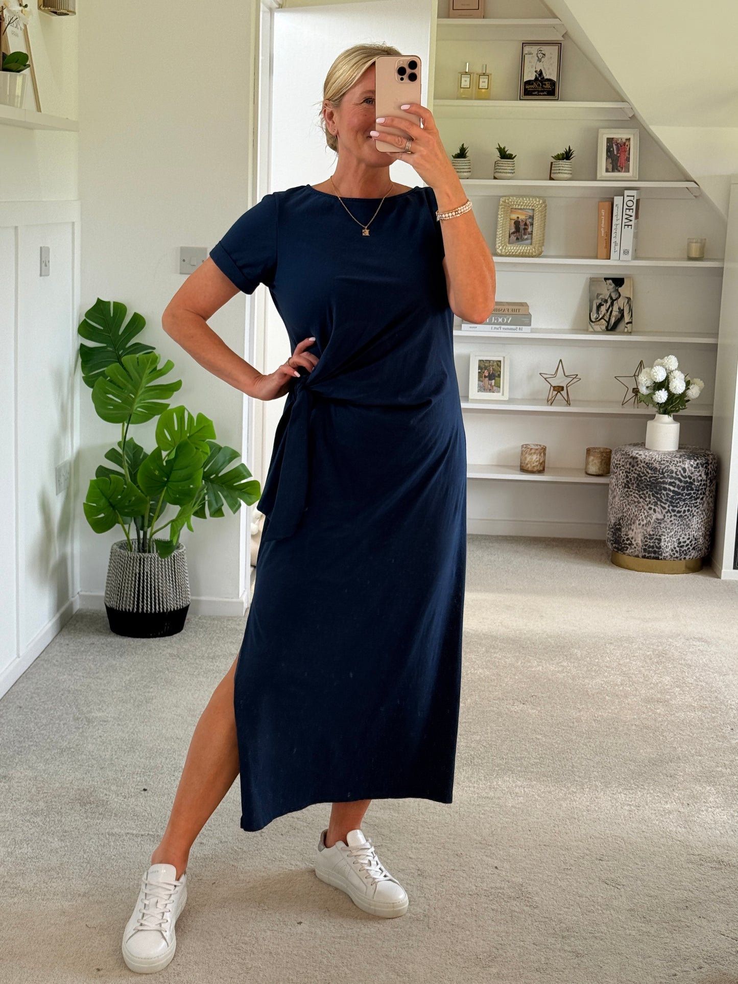 Navy Side Tie S/S Jersey Dress