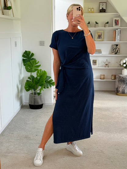Navy Side Tie S/S Jersey Dress