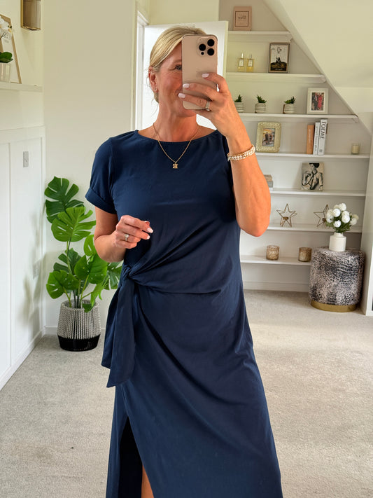 Navy Side Tie S/S Jersey Dress