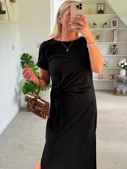 Black Side Tie S/S Jersey Dress